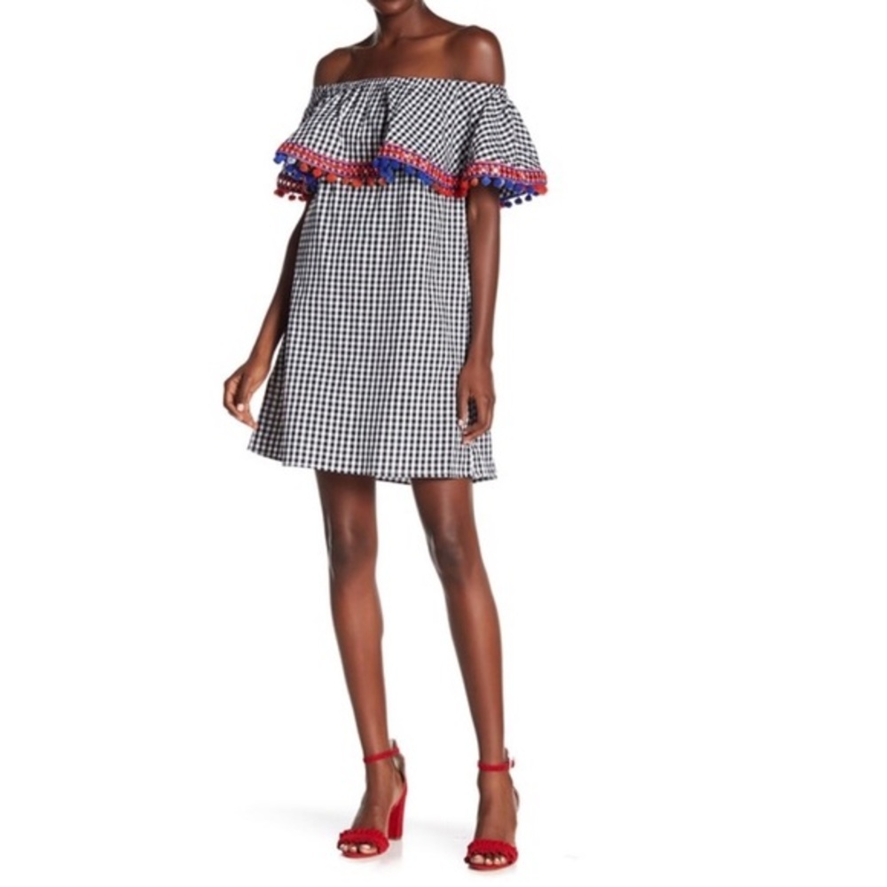 NWT America & Beyond Off Shoulder Gingham Sequin + Pom Pom Dress - Small